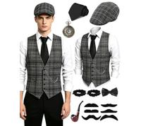 PARTTELY 1920s Mens Costume Roaring 20s Costumes for Men 1920s Mens Outfit | Great Gatsby Accessories for Men with Vest Hat Pocket Watch Tie False Mustaches, for Harlem Nights, Halloween, Gatsby Party