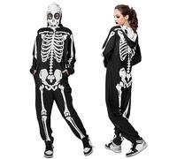PARTTELY Adult Onesie Skeleton Costume Women Front and Back Bone Print Halloween Skeleton Jumpsuit Men with Zipper Hooded, Black, Medium, Black, M
