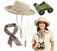PARTTELY Safari Costume Women, 4Pcs Safari Outfit with Jungle Hat Leopard Scarf Binoculars Whistle Explorer Costume Adult for Halloween Cosplay