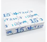 Party Angels 4 Sheets 4 Tags Star Design 15th Birthday Blue Boy Wrapping Paper Age 15 Birthday Gift Wrap Paper Boy Male (PA)