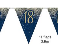 Party Bunting 18th Birthday Metallic Glitter Navy Gold 11 flags 3.9m