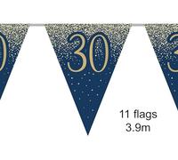 Party Bunting 30th Birthday Metallic Glitter Navy Gold 11 flags 3.9m