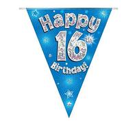 Party Bunting Happy 16th Birthday Blue Holographic 11 flags 3.9m