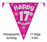 Party Bunting Happy 17th Birthday Pink Holographic 11 flags 3.9m