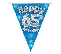 Party Bunting Happy 65th Birthday Blue Holographic 11 flags 3.9m