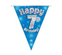 Party Bunting Happy 7th Birthday Blue Holographic 11 flags 3.9m
