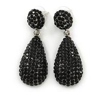 Party/Club Night Out Pave Set Black Crystal Teardrop Earrings In Silver Tone/ 48mm Long