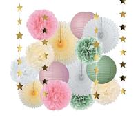 Party Decorations Sage Green and Pink Paper Lanterns, Gold Star Paper Garlan White PaperFans Pom Poms, Hanging Tissue Honeycomb Balls for Birthday Bridal Shower Room Wall Hanging Barbie Party Decor
