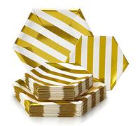 PARTY DISPOSABLE 432 PC DINNERWARE SET | 216 Dinner Plates | 216 Side Plates | Heavy Duty Disposable Paper Plates | Hexagon Design | for Upscale Wedding and Dining (Stripe Collection - White/Gold)