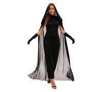 Party Dress Halloween Witch Costume Ghostly Cape With Mantle & For Masquerade Performances Gothic Choker Necklace (Black, S)