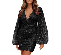 Party Dresses for Women UK Elegant Glitter Dress Deep V Neck Sequin Long Puff Sleeve Waist Ruched Slim Hip Dresses Solid Colour Evening Gowns Prom Dress Vintage Short Skirts Elegant Black