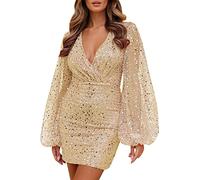 Party Dresses for Women UK Elegant Glitter Dress Deep V Neck Sequin Long Puff Sleeve Waist Ruched Slim Hip Dresses Solid Colour Evening Gowns Prom Dress Vintage Short Skirts Elegant Gold