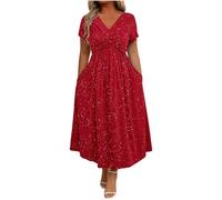 Party Dresses for Women UK Twisted Front Vintage Elegant Short Sleeve Midi Dress Glitter Sparkle Cocktail Evening Dresses A-line Swing Loose Fit Banquet Dinner Dress with Pockets Red