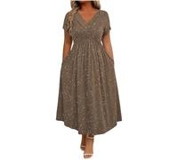 Party Dresses for Women UK Twisted Front Vintage Elegant Short Sleeve Midi Dress Glitter Sparkle Cocktail Evening Dresses A-line Swing Loose Fit Banquet Dinner Dress with Pockets Coffee