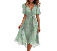 Party Dresses for Women UK, Women's Floral Print Chiffon A-Line Midi Dress Short Sleeve V Neck Tie Waist Casual Flowy Evening Dresses for Special Occasions Ladies Gifts,Mint Green,XXL,u783k