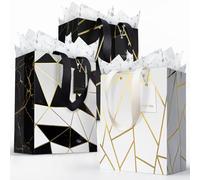 Party Funny Gift Bags, 13" Medium Luxury Gift Bag with Strong Handles, 6 Pcs Birthday Gift Bags with 12 Tissue Paper and 12 Gift Tags, Marble White Black Gift Bags for Men Women Wedding Baby Shower