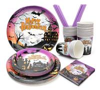 PARTY GO 125PCS Halloween Party Tableware, Purple Halloween Paper Plates and Napkins Cups Straws, Castle Party Tablewares Disposable Supplies Pack for Halloween Decorations Serves 25 Guests