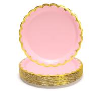 PARTY GO 50Pcs Pink Paper Plates 9" 23cm Gold Foil Scalloped Party Plates Set for Dinner and Dessert Great for Birthday Parties, Holidays, Weddings, Graduation Decorations