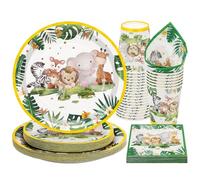 PARTY GO 96PCS Jungle Safari Animal Party Tableware Set - 24 Guests - 96 Pieces - Disposable Paper Plates, Napkins, Cups - Jungle Animal Dinnerware Decor