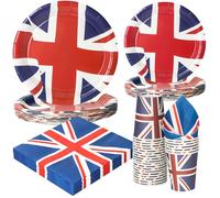 PARTY GO 96pcs Union Jack UK Flag Paper Plates Cups and Napkins, Bunting Flags Disposable Dinnerware Party Supplies for VE VJ Day Celebration Party Table Decorations Serve 24 Guests