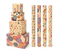 PARTY GO Birthday Wrapping Paper Brown, 4 Rolls 43x300cm Wrapping Paper Roll Girls Boys, Happy Birthday for Gift Decorations