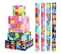 PARTY GO Birthday Wrapping Paper Colourful, 4 rolls 43x300cm Wrapping Paper Roll Girls Boys, Multi-color Perfect for Birthday Gift Decorations