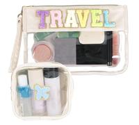 party greeting 2Pcs Travel Chenille Makeup Bags Portable Travel Cosmetic Bag with Zipper Preppy Patch Letter Bag Waterproof Storage Purse Clear Pouch PVC Organizer Travel Accessories for Girls Women,