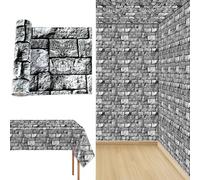 party greeting Stone Wall Tablecloth Roll 100FT x 51 Inch Disposable Brick Stone Plastic Table Covers Roll Castle Wall Backdrop for Halloween Western Birthday Medieval Party Decoration Favors Supplies