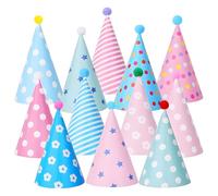 Party Hats - 12 PCS Lovely Paper Cone Birthday Hats with Pom Poms, Reusable Cute Fun Birthday Party Supplies for Adults Kids Pets Dogs Puppy Cats Kittens Classroom Decorations, Dots Strips Stars