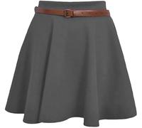 Party HuB Ladies Detachable Waist Flared Belted Skater Skirt Womens Stretch Pleated Flippy Short Jersey Mini Skirts Charcoal