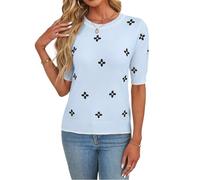 Party HuB Ladies Floral Embroidered Knitted Sweater Womens Short Sleeve Crew Neck Pullover Jumper Ribbed Hem and Cuffs Stretchy Top Sky Blue