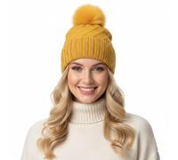 Party HuB Ladies Twisted Daimonte Knit Pom-Pom Beanie, Warm Winter Chunky Knitted Hat, Fleece Lined, Cozy Casual Wear Fashion Hat Mustard