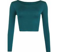 Party HuB Women’s Long Sleeve Crop Top Basic Fitted Shirt - Plain Solid Round Neck Stretchy Cropped Tee, Slim Fit Casual Layering Top Teal