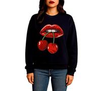 Party HuB Women's Cherry Lips Print Pullover Top Ladies Cute Graphic Long Sleeve Sweatshirt, Casual Streetwear Jumper Black