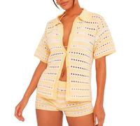 Party HuB Womens Crochet Knit Button Cardigan & Fishnet Shorts 2 Pcs Suit Co Ord Set Ladies Short Sleeve Knitted Cardigan Tracksuit