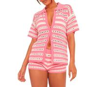 Party HuB Womens Crochet Knit Button Cardigan & Fishnet Shorts 2 Pcs Suit Co Ord Set Ladies Short Sleeve Knitted Cardigan Tracksuit