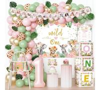 Party Inspo Wild One Birthday Decorations Girl, Pink Safari Jungle 1st Birthday Party Decorations Backdrop Balloon Garland Leave Monthly Photo Highchair Banner Box Crown Poster Cake Topper 100 PCs