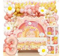 Party Inspo Young Wild and Three Decorations Girl, Boho Groovy Boho Daisy Hippie 3rd Birthday Party Decorations, Backdrop Balloon Garland Banner Cake Topper Box Cutout Poster, Orange Pink, 100 PCs
