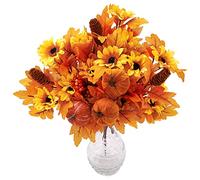 PARTY JOY 4Pcs Artificial Maple Leaf Pumpkin Stems with Berries and Sunflowers, Fake Flower Bouquet, Autumn Flower Stems for DIY Arrangement Decor