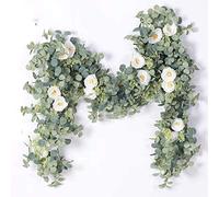 PARTY JOY 6.56Ft Artificial Eucalyptus Garland, Fake Vine, Artificial Flower Garland With 8 White Roses, For Wedding Party Baby Shower Mantle Table Runner Home Decor