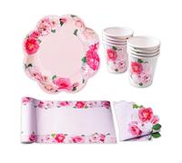 Party Pieces A Very English Rose Party Tableware Set for 8 Guests - Floral Disposable Tea Party Supplies - Includes Plates, Cups, Napkins & Table Runner - Ideal for Weddings, Hen Dos, & Birthdays