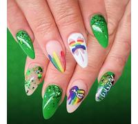 Party Ready Presses on Nails 24Pcs Green Glitters and Rainbows Clovers Pattern for Celebrations Adding Charm and Fortunes Multiple Size Nail