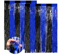 Party Streamers Backdrop, 2 Pcs 2 Colour Splicing Tinsel Foil Fringe Curtain, 3.3ft x 8.3ft Blue & Black Foil Curtain Backdrop for Birthday Wedding Holiday Party Halloween Door Curtain