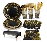 Party Tableware Paper Plates and Napkins Set, 141PCS Party Paper Plates Cups Napkins and Cutlery Party Dinnerware Set for Birthday Decorations New Year Wedding Christmas Picnic (20 Guests, Black&Gold)