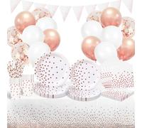 Party Tableware Rose Gold Paper Birthday Tableware Set, Paper Plates Napkins Cups Straws Tablecloth Balloons for Wedding Engagement, Baby Shower, Women Girls Birthday Party Supplies Decorations