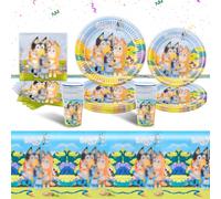 Party Tableware Set- 51Pcs Blue Children's Birthday Tableware Decoration Dog Cartoon Themed Party Supplies Plates, Cups, Napkins and Tablecloth for Kids Baby Showers Girls
