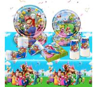 Party Tableware Set Kids- 51Pcs Birthday Party Decorations Cartoon Bros Games Themed Birthday Party Supplies Happy Birthday Tablecloth Paper Plates Cups Napkins for Kids Baby Showers Boys Girls Deco
