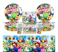 Party Tableware Set Kids- 51Pcs Super Bro Birthday Party Decorations Cartoon Games Themed Birthday Party Supplies Happy Birthday Tablecloth Paper Plates Cups Napkins for Kids Baby Showers Boys Girls