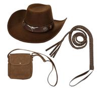 PARTY TELLER Brown Cowboy Costume Accessories Set for Adults | Western Satchel Hat, Faux Leather Prop Whip, and Crossbody Satchel Bag Kit for Halloween Parties, Anime Cosplay & Stage