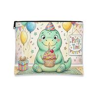 Party Time Makeup Bag, Cartoon Dinosaur Cupcake Cosmetic Pouch for Women, Portable Zipper Organizer, Birthday Celebration Travel Toiletry Bag, Green, 7x9 Inch, Party
